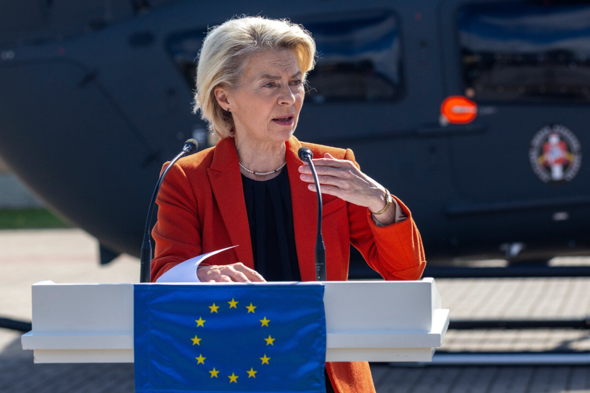 European Commission President Ursula von der Leyen speaks during a joint news conference with Lithuanian President Gitanas Nauseda at the Border Guard School east of Vilnius, Lithuania, on Sept. 1, 2025. (Mindaugas Kulbis/AP Photo)