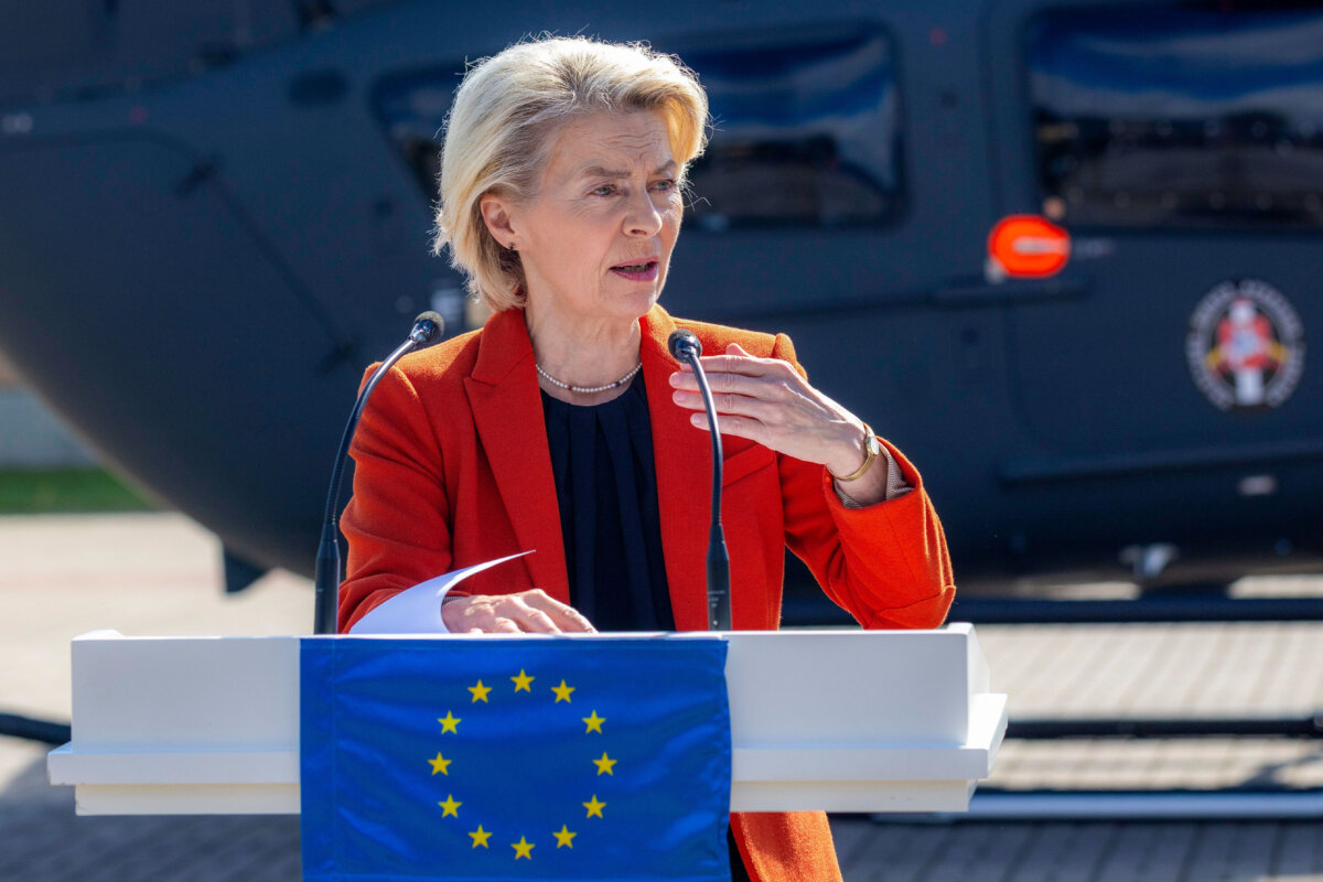 European Commission President Ursula von der Leyen speaks near Medininkai, Lithuania, on Sept. 1, 2025. (Mindaugas Kulbis/AP Photo)