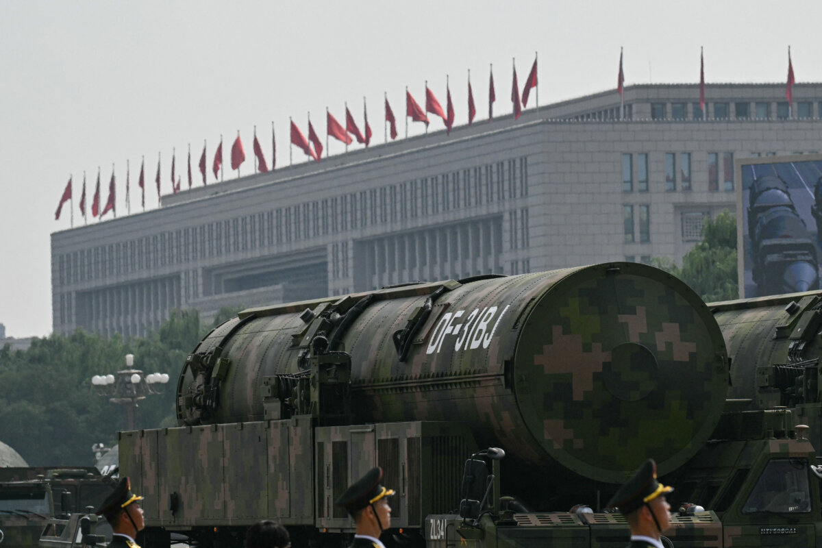 DF-31BJ intercontinental ballistic missile during a military parade marking the 80th anniversary of the end of World War II, in Tiananmen Square, Beijing, on Sept. 3, 2025. (Greg Baker/AFP via Getty Images)