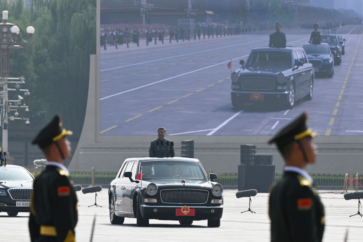 Chinese leader Xi Jinping inspects the troops during a military parade marking the 80th anniversary of victory over Japan and the end of World War II, in Beijing's Tiananmen Square on Sept. 3, 2025. ( Greg Baker/ AFP via Getty Images)