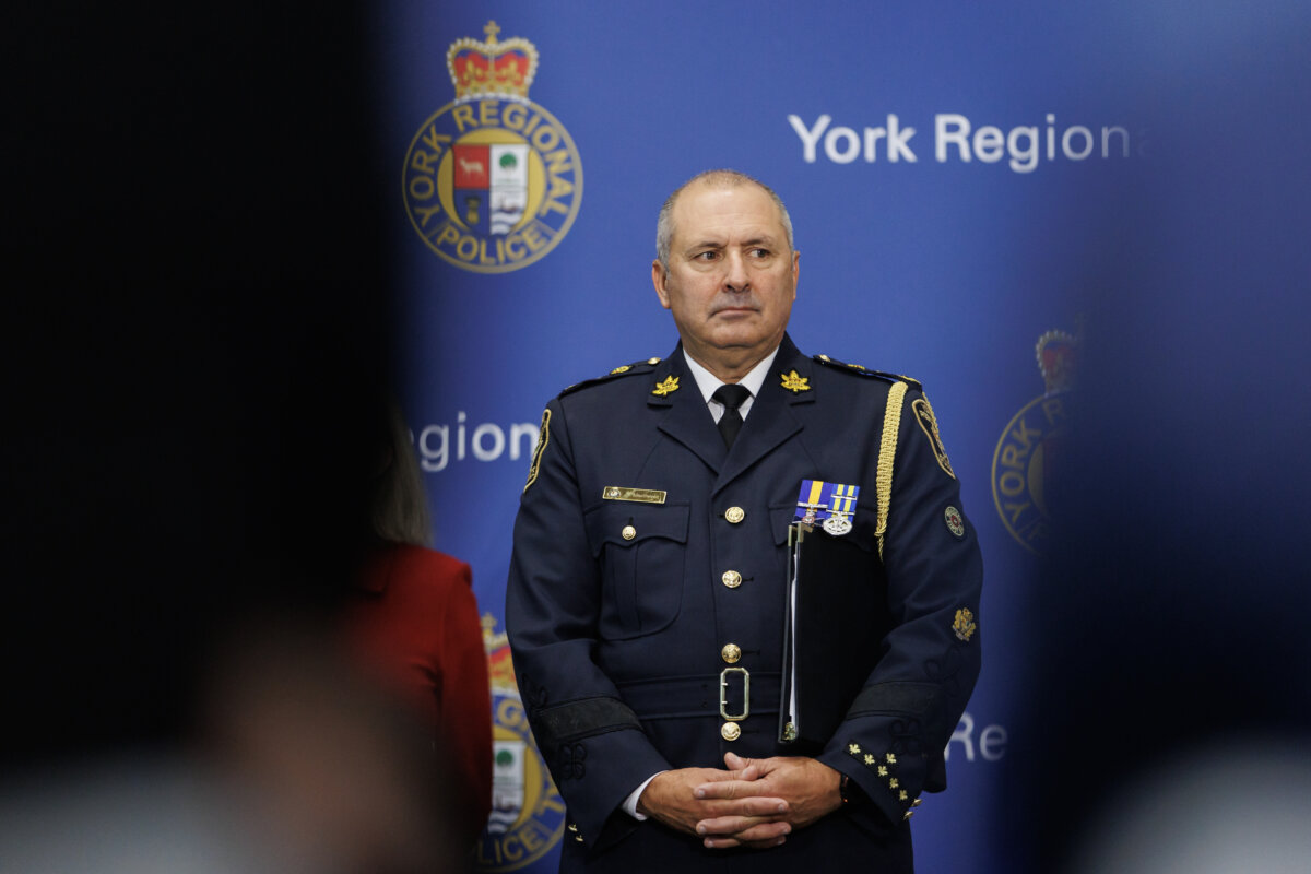 York Regional Police Chief Jim MacSween attends a press conference at the York Regional Police Headquarters in Aurora, Ont., Jan. 31, 2024. (THE CANADIAN PRESS/Cole Burston)