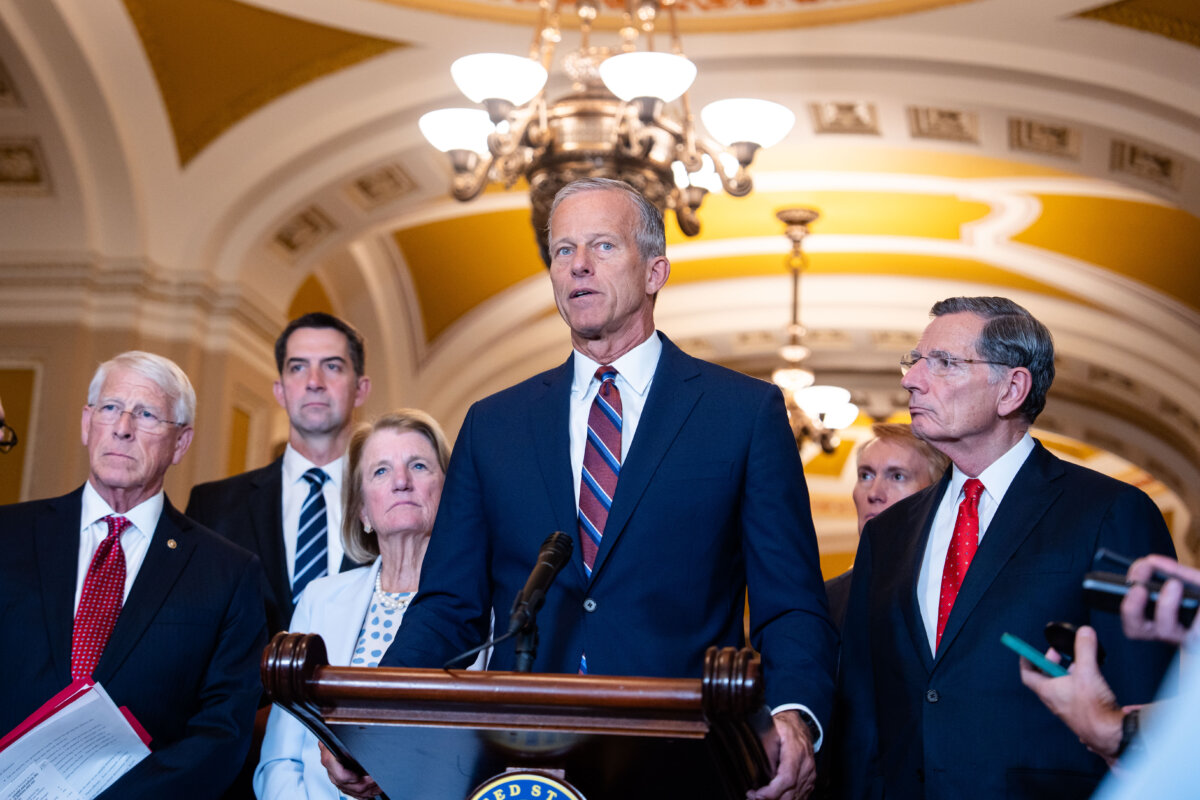 Majority Leader Sen. John Thune (R-S.D.) speaks to reporters at a press conference on Capitol Hill in Washington on Sept. 3, 2025. (Madalina Kilroy/The Epoch Times)
