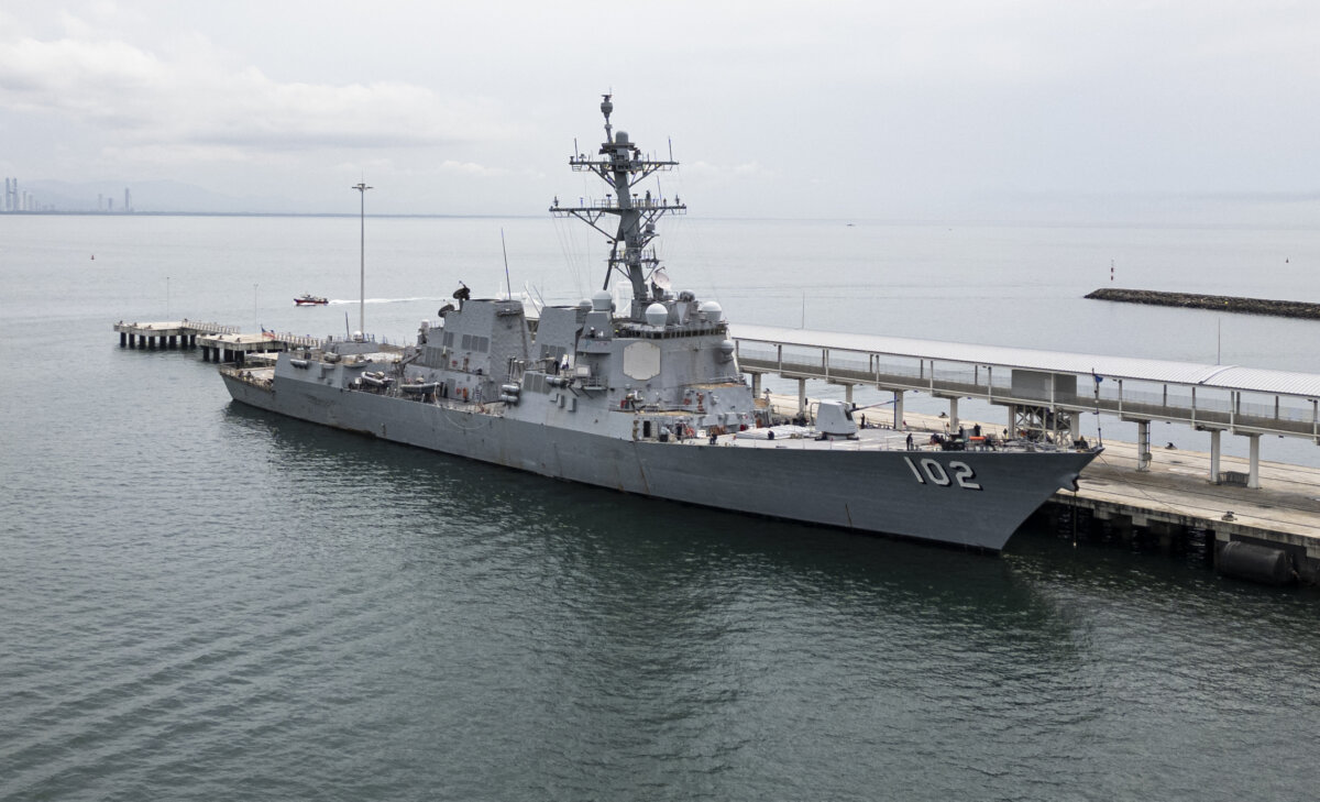 The US Navy warship USS Sampson (DDG 102) docks at the Amador International Cruise Terminal in Panama City on Sept. 2, 2025. (Martin Bernetti/AFP via Getty Images)