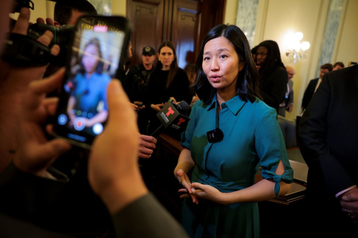 Boston Mayor Michelle Wu speaks with press after a media event held by the Massachusetts Congressional Delegation in the Small Business Committee Room at the Russell Senate Office Building in Washington on March 4, 2025. (Kayla Bartkowski/Getty Images)