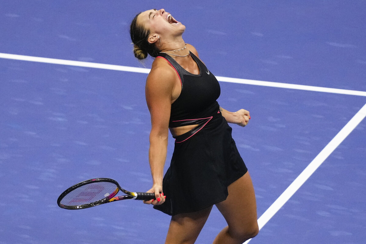 Aryna Sabalenka of Belarus reacts after defeating Jessica Pegula of the United States during the women's singles semifinals of the U.S. Open tennis championships in New York City on Sept. 4, 2025. (Yuki Iwamura/AP Photo)