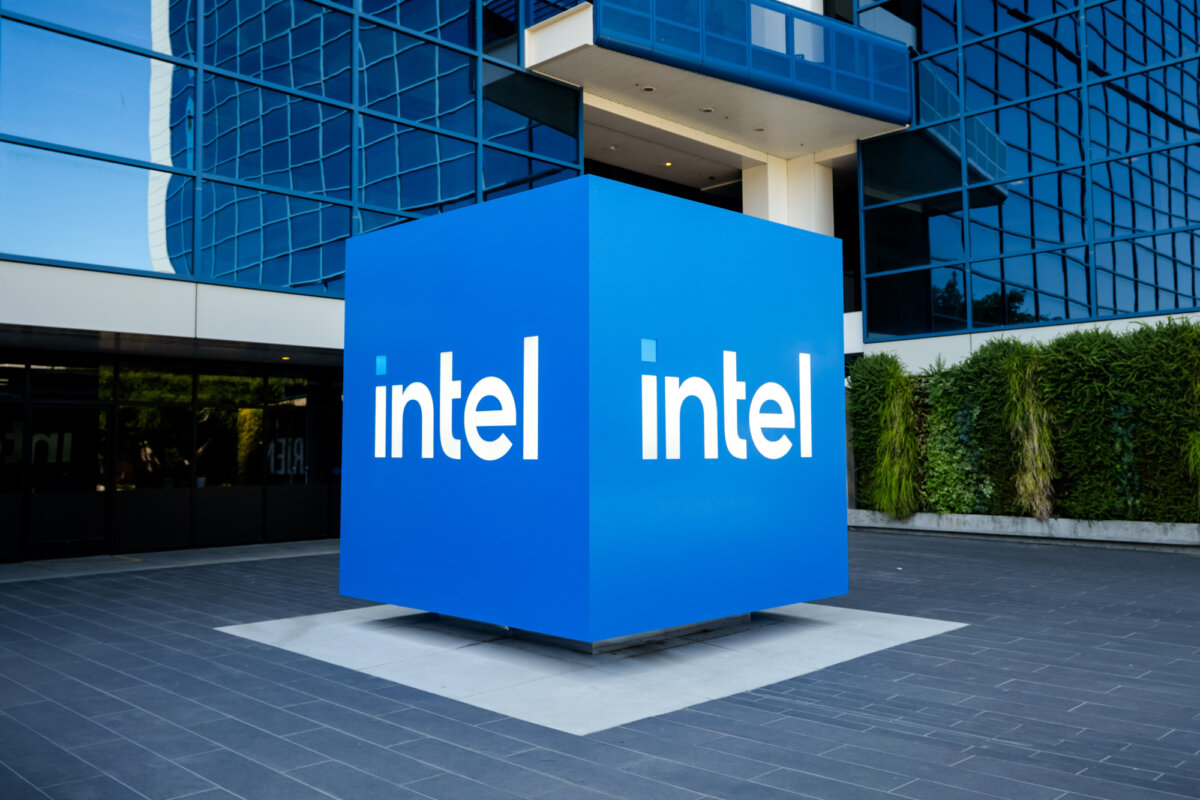The Intel logo is displayed outside of the company's headquarters in Santa Clara, Calif., on July 26, 2025. (Gary Wang/The Epoch Times)