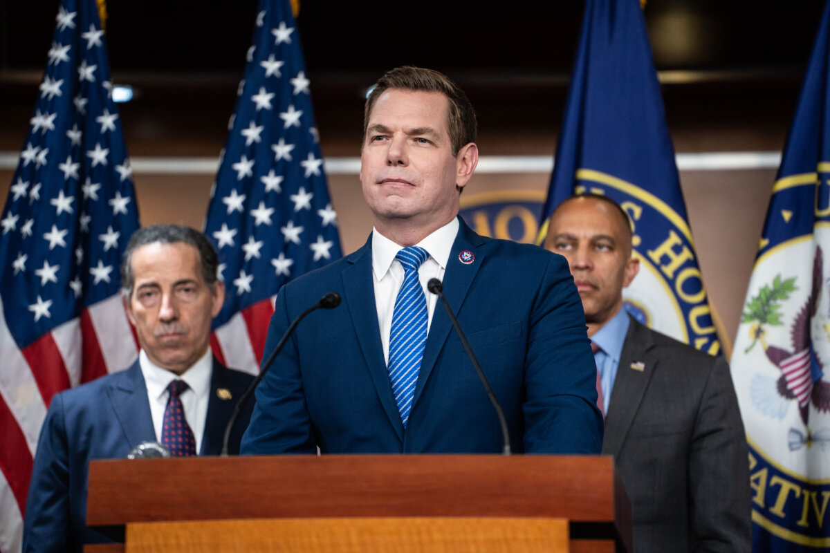 Rep. Eric Swalwell (D-Calif.) speaks on Capitol Hill in Washington on Sept. 8, 2025. (Madalina Kilroy/The Epoch Times)