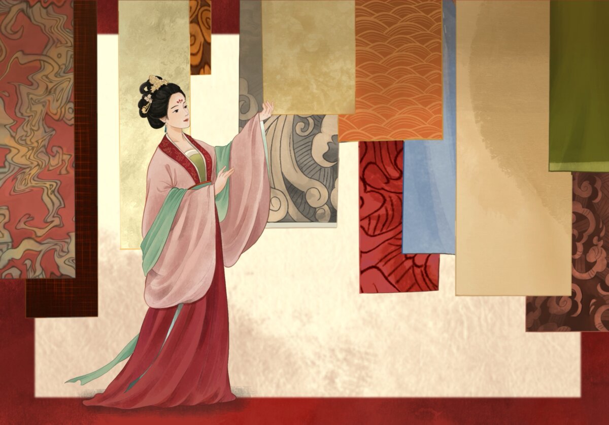 A lady in Tang Dynasty attire, with various patterned silk fabrics at the background. (Linda Zhao / The Epoch Times)