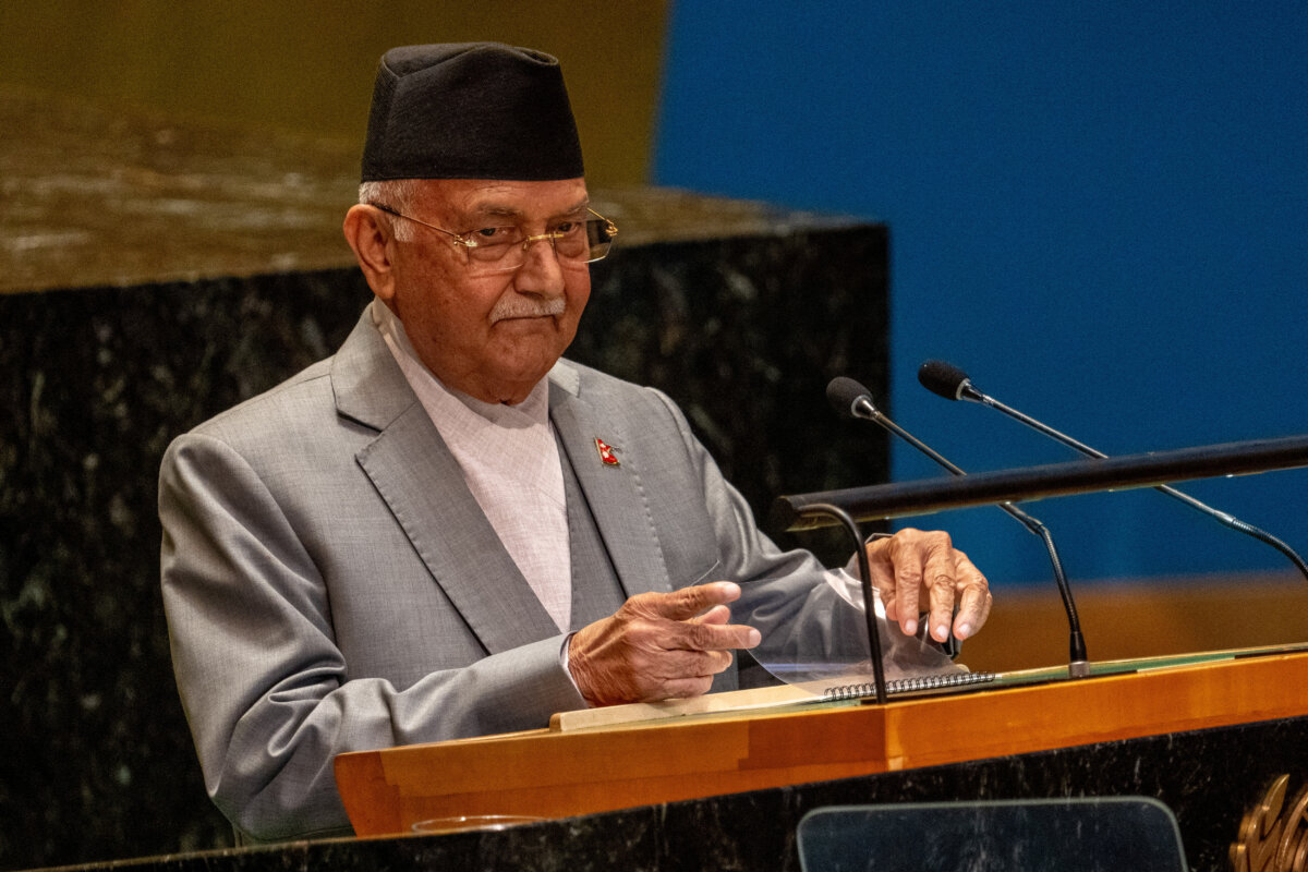 Prime Minister of Nepal KP Sharma Oli addresses the "Summit of the Future" in the General Assembly Hall at United Nations Headquarters in New York City on Sept. 22, 2024. (David Dee Delgado/Reuters)