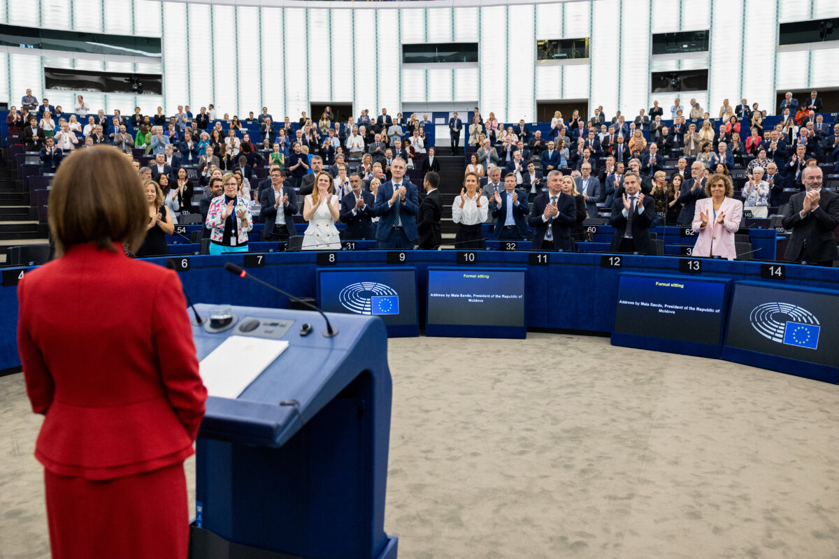 Members of EU Parliament applaud Moldovan President Maia Sandu (L) after her speech during a formal sitting, in Strasbourg, France, on Sept. 9, 2025. (Romeo Boetzle/AFP via Getty Images)