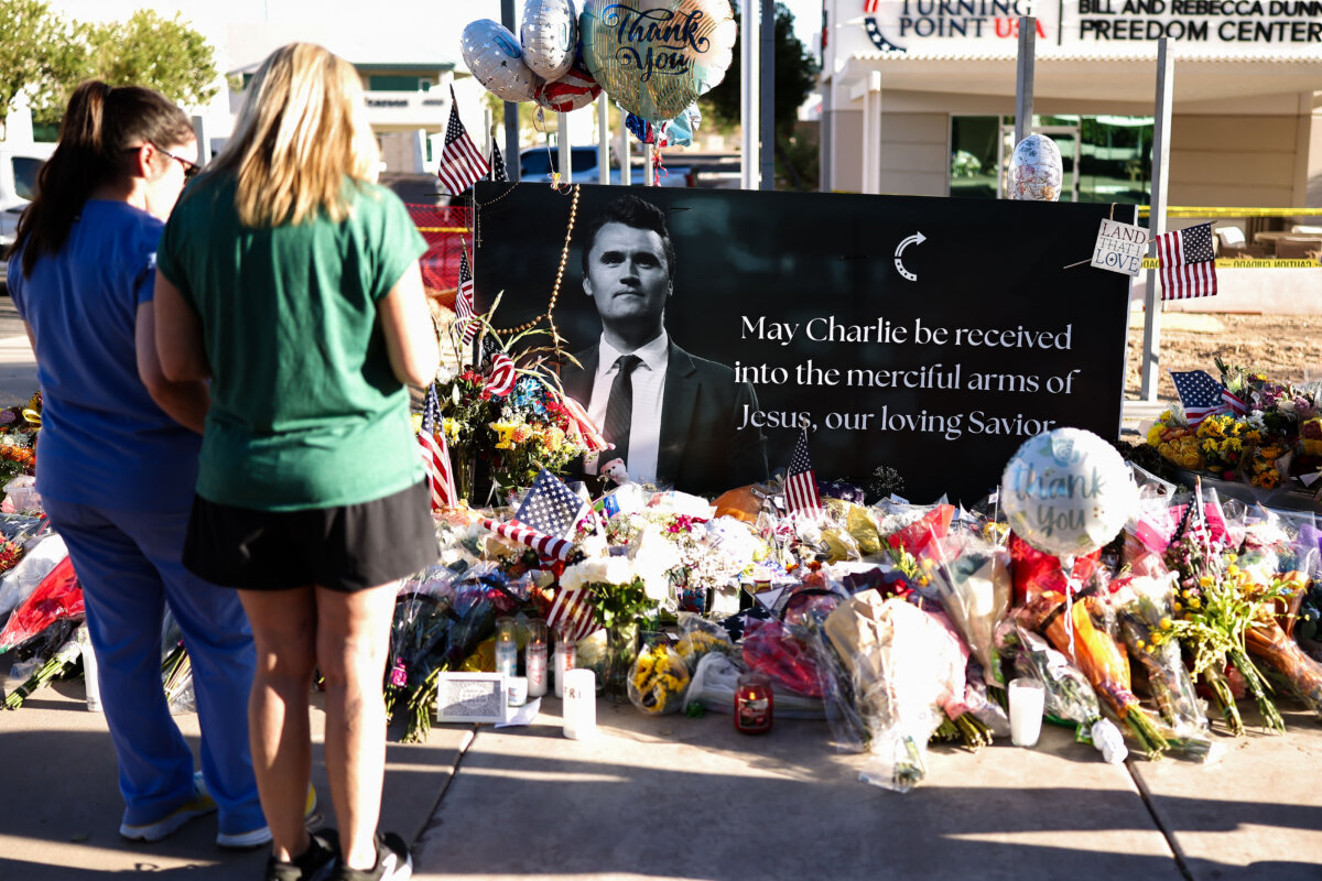 Arizonans mourn Turning Point USA Founder Charlie Kirk outside of the Turning Point USA headquarters in Phoenix, Ariz., on Sept. 12, 2025. (Charly Triballeau/AFP via Getty Images)