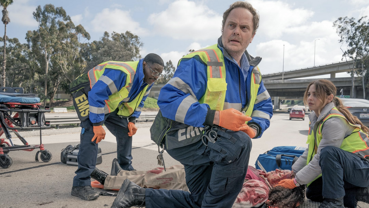 (L–R) Mike (Lil Rel Howery), Randy (Rainn Wilson), and Jessica (Aimee Carrero), in "Code 3." (Wayfarer Studios)