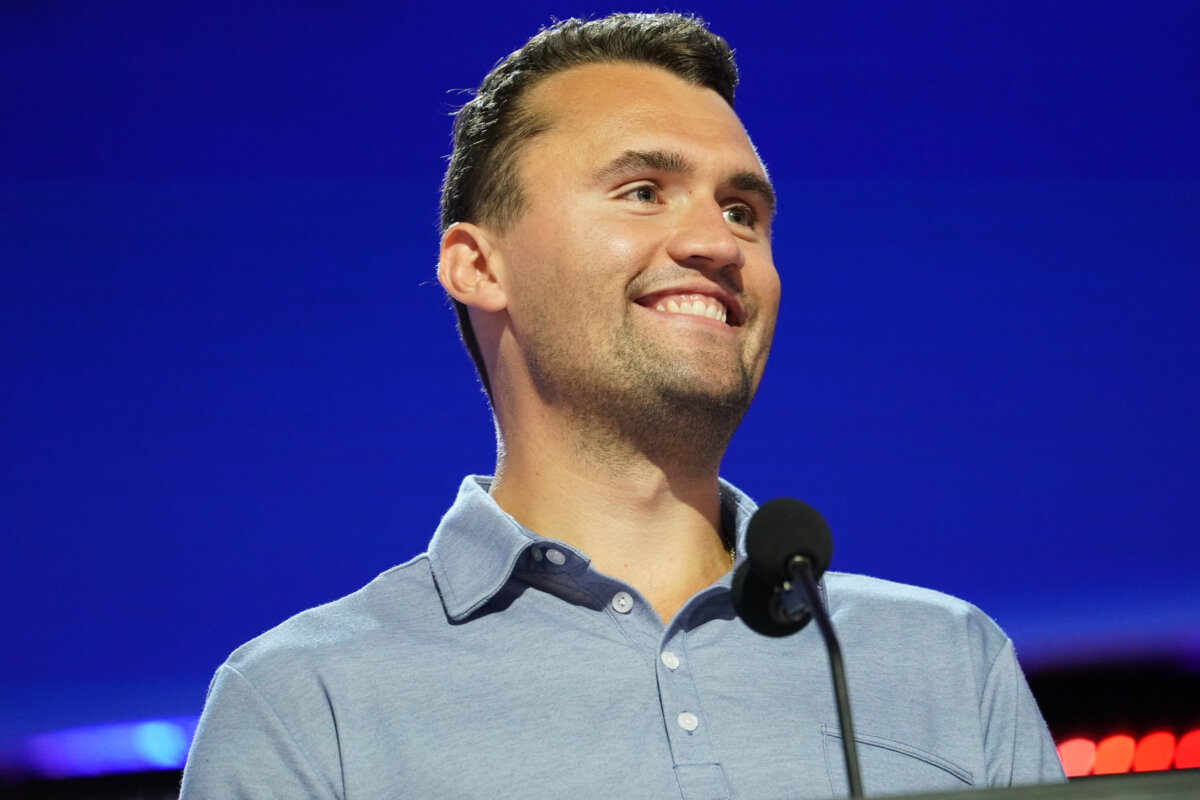 Turning Point USA founder Charlie Kirk is seen onstage at the Fiserv Forum during preparations for the Republican National Convention (RNC) in Milwaukee, Wis., on July 14, 2024. (Andrew Harnik/Getty Images)