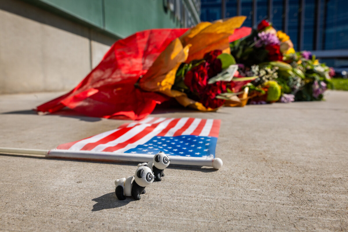 People lay items and flowers on campus at Utah Valley University, a day after the assassination of Charlie Kirk in Orem, Utah, on Sept. 11, 2025. (John Fredricks/The Epoch Times)