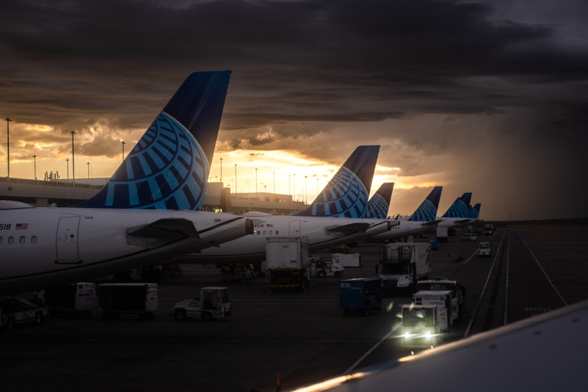 Airplanes at the Denver International Airport in Denver on Sept. 13, 2025. (Madalina Kilroy/The Epoch Times)
