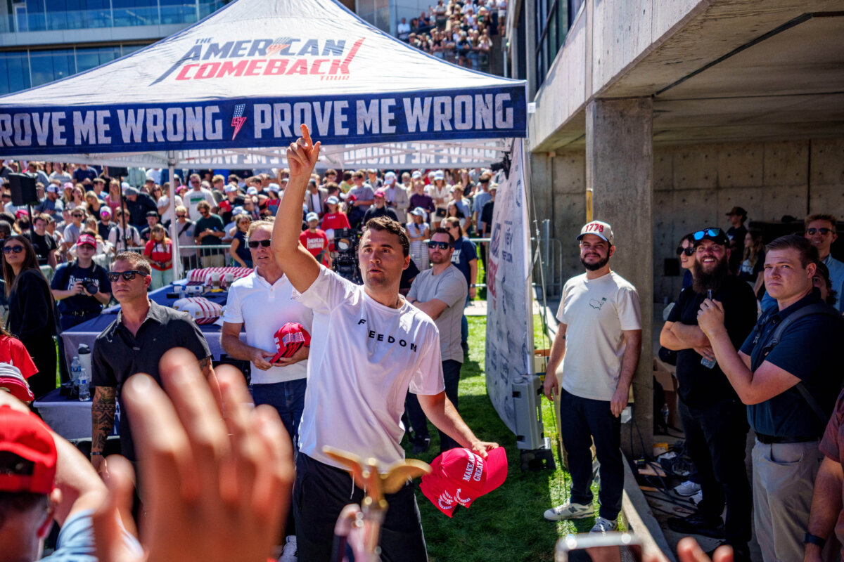 Commentator Charlie Kirk throws hats to the crowd shortly before he was shot at a Utah Valley University speaking event in Orem, Utah, on Sept. 10, 2025. (Trent Nelson/The Salt Lake Tribune via Reuters)