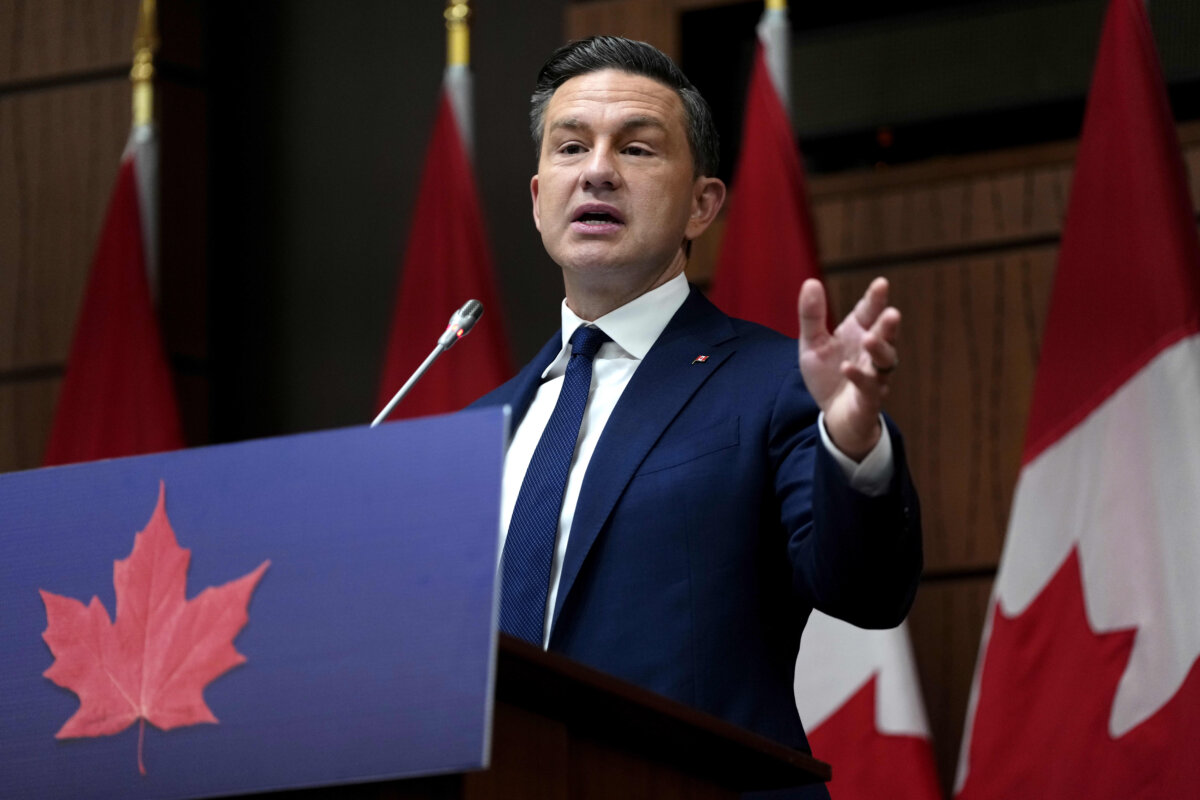 Conservative Leader Pierre Poilievre speaks during a meeting of the Conservative caucus on Parliament Hill in Ottawa on Sept. 14, 2025, one day before the House of Commons returns for the next session of Parliament. (The Canadian Press/Justin Tang)