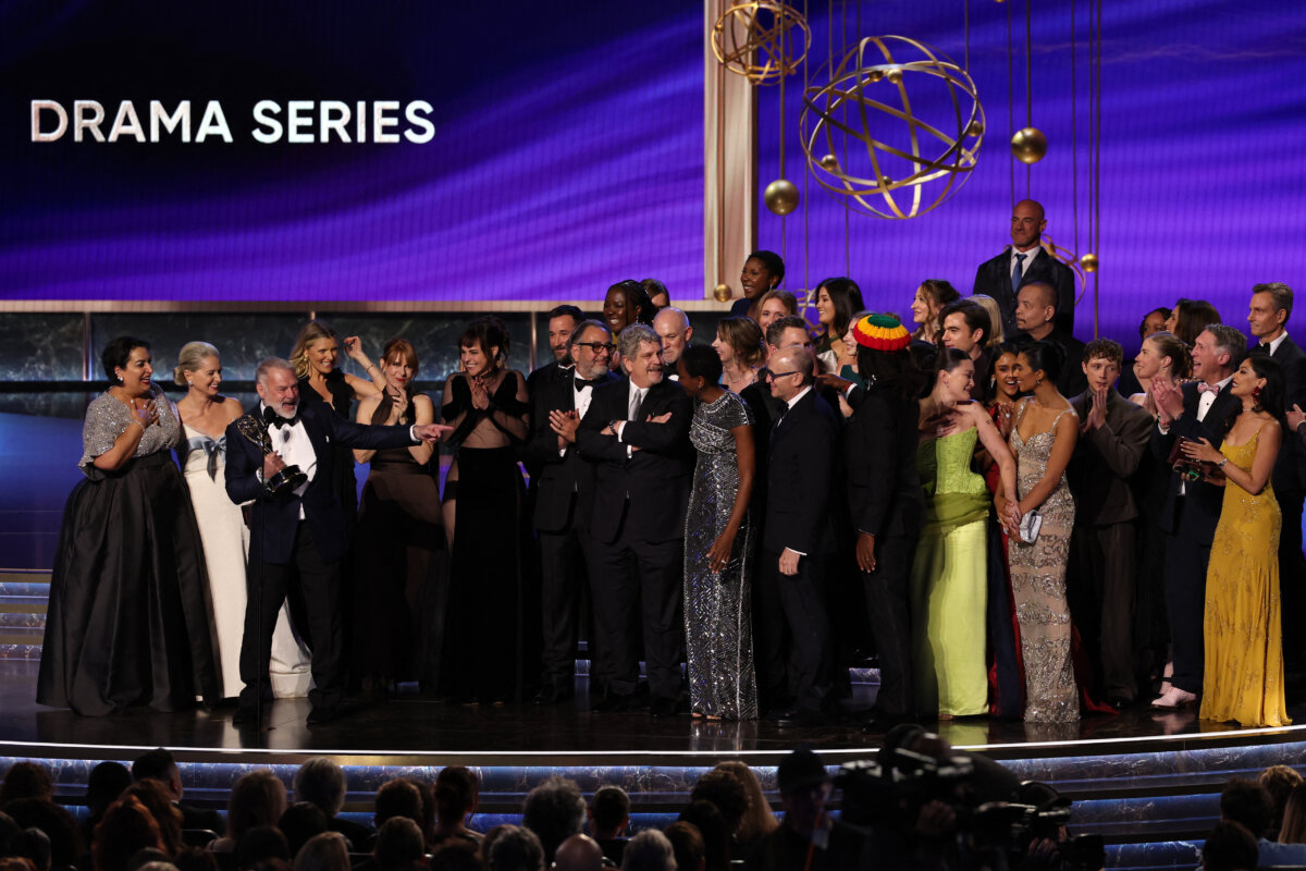 Writer producer R. Scott Gemmill holds the Outstanding Drama Series award for "The Pitt" during the 77th Primetime Emmy Awards at the Peacock Theatre at LA Live in Los Angeles on Sept. 14, 2025. (Valerie Macon/AFP via Getty Images)
