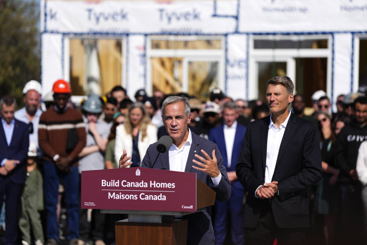 Prime Minister Mark Carney participates in an announcement for the new federal agency Build Canada Homes with Minister of Housing and Infrastructure Gregor Robertson, in Ottawa, on Sept. 14, 2025. (The Canadian Press/Justin Tang)