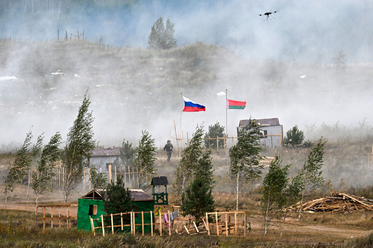 A soldier takes part in the Zapad-2025 joint Russia–Belarus military drills at a training ground east of capital Minsk on Sept. 15, 2025. (Olesya Kurpyayeva/AFP via Getty Images)