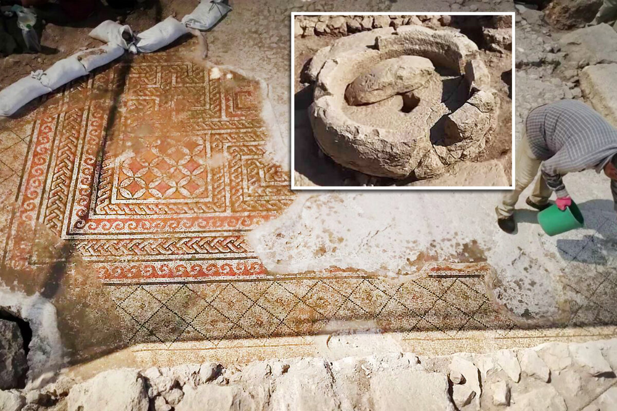 An ancient Samaritan mosaic and olive oil press (inset) were unearthed by the Israel Antiquities Authority in Kafr Qasim. (Israeli Antiquities Authority)