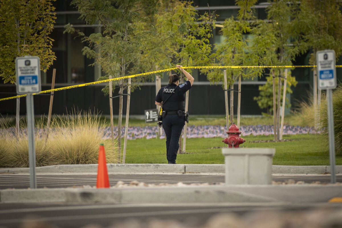 Police officers patrol the grounds of Utah Valley University following the fatal shooting of political activist Charlie Kirk, in Orem, Utah, on Sept. 13, 2025. (Chet Strange/Getty Images)