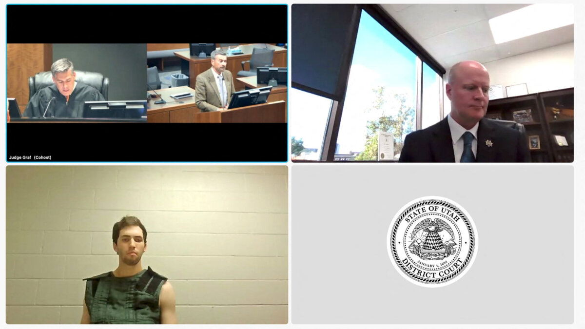 Tyler Robinson, the suspect in the fatal shooting of conservative activist Charlie Kirk during an event at Utah Valley University, appears via video feed from jail as he makes his first appearance before Utah District Court Judge Tony Graf and prosecutor Chad Grunander at Utah County Justice Court in Provo, Utah, on Sept. 16, 2025 in this screen capture from court video. (Utah State Courts/Handout via Reuters)
