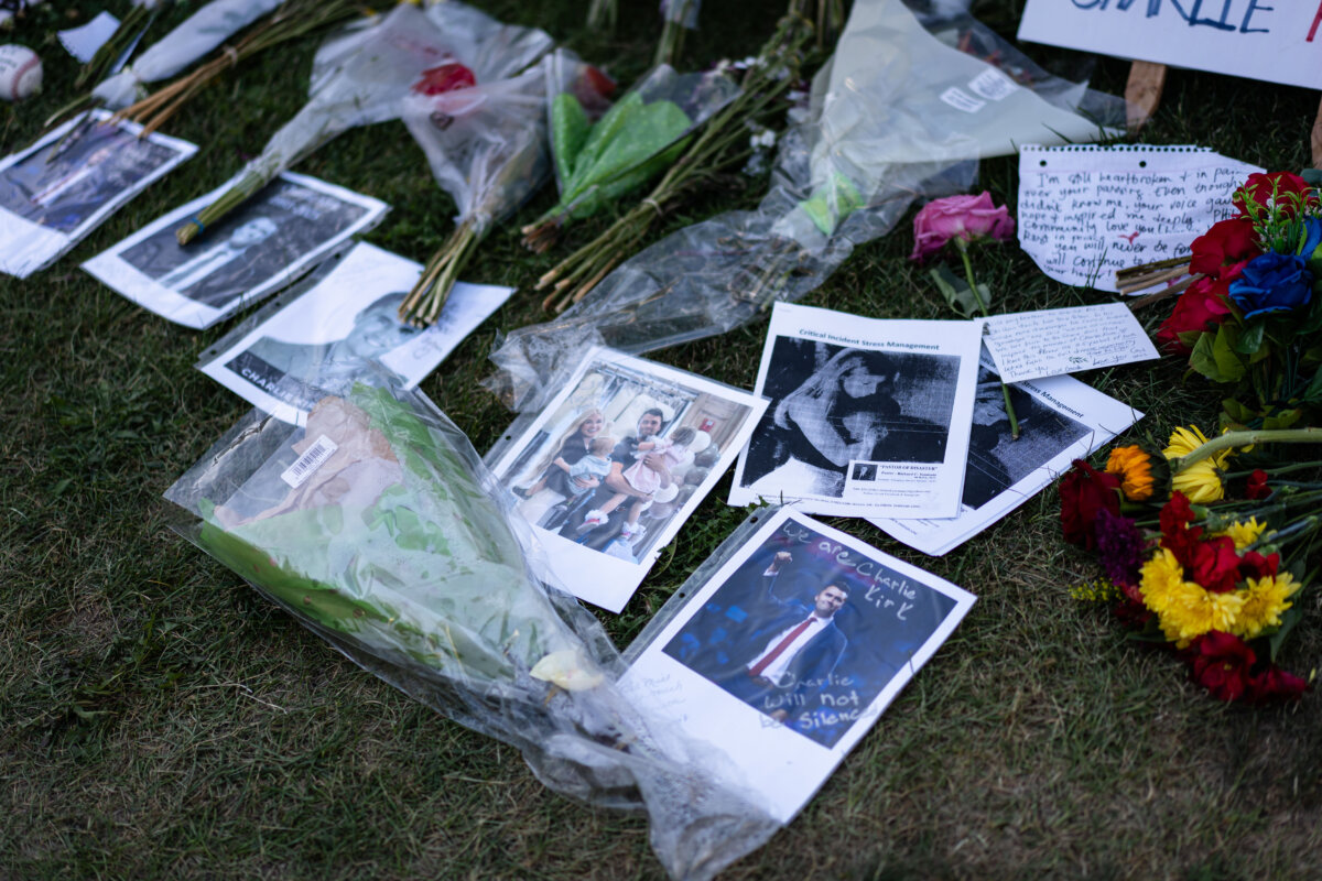 A Charlie Kirk memorial at Utah Valley University in Orem, Utah, on Sept. 16, 2025. (Madalina Kilroy/The Epoch Times)