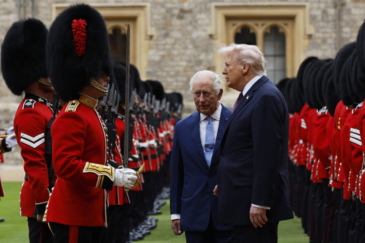 King Charles III and U.S. President Donald Trump inspect the Guard of Honour during the state visit by the president of the United States of America at Windsor Castle in Windsor, England, on Sept. 17, 2025. (Anna Moneymaker/Getty Images)