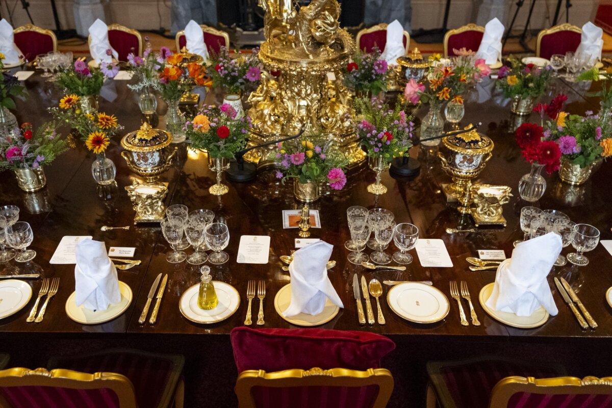 A place setting for King Charles III and US President Donald Trump at the banquet table at Windsor Castle on Sept. 17, 2025 in Windsor, England. (Aaron Chown - WPA Pool/Getty Images)