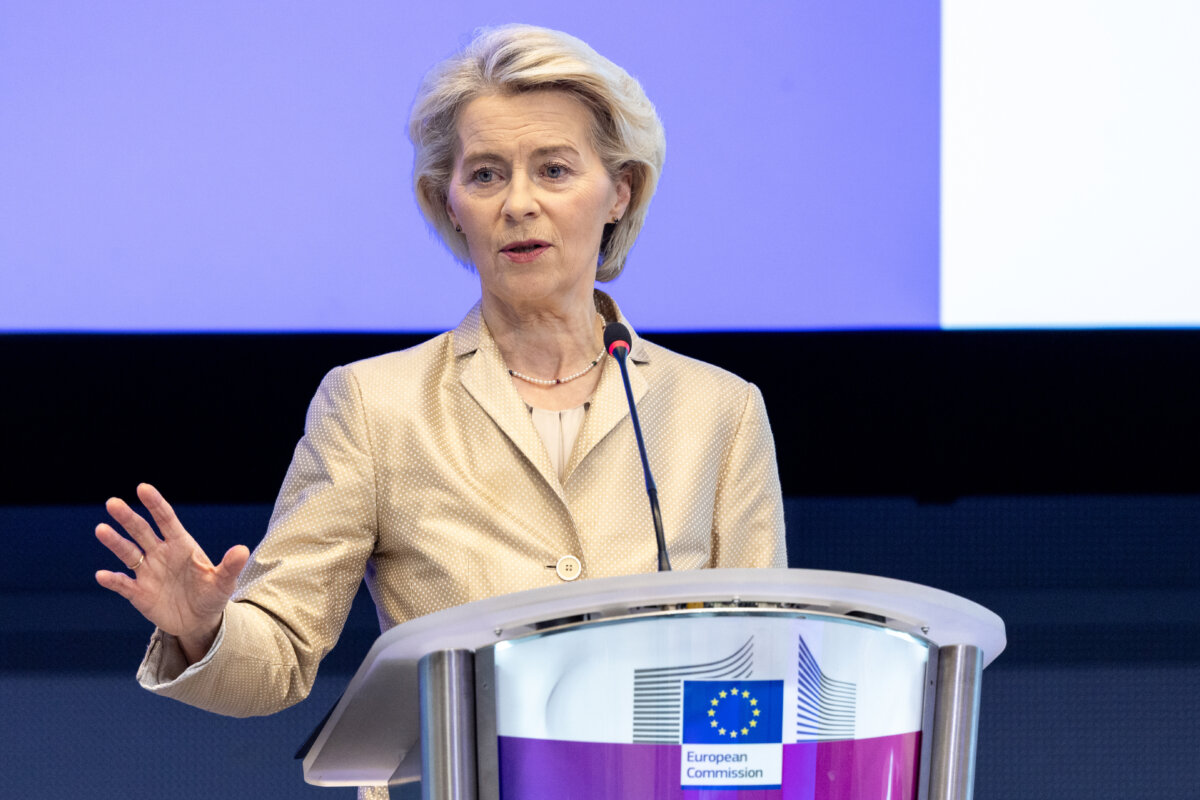 European Commission President Ursula von der Leyen addresses the audience during the conference "One Year After the Draghi Report" at the EU Charlemagne building in Brussels, Belgium, on Sept. 16, 2025. (Omar Havana/Getty Images)