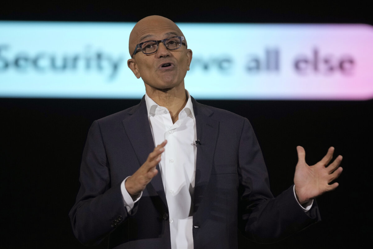Microsoft CEO Satya Nadella speaks during an event in Jakarta, Indonesia, on April 30, 2024. (The Associated Press/Dita Alangkara)