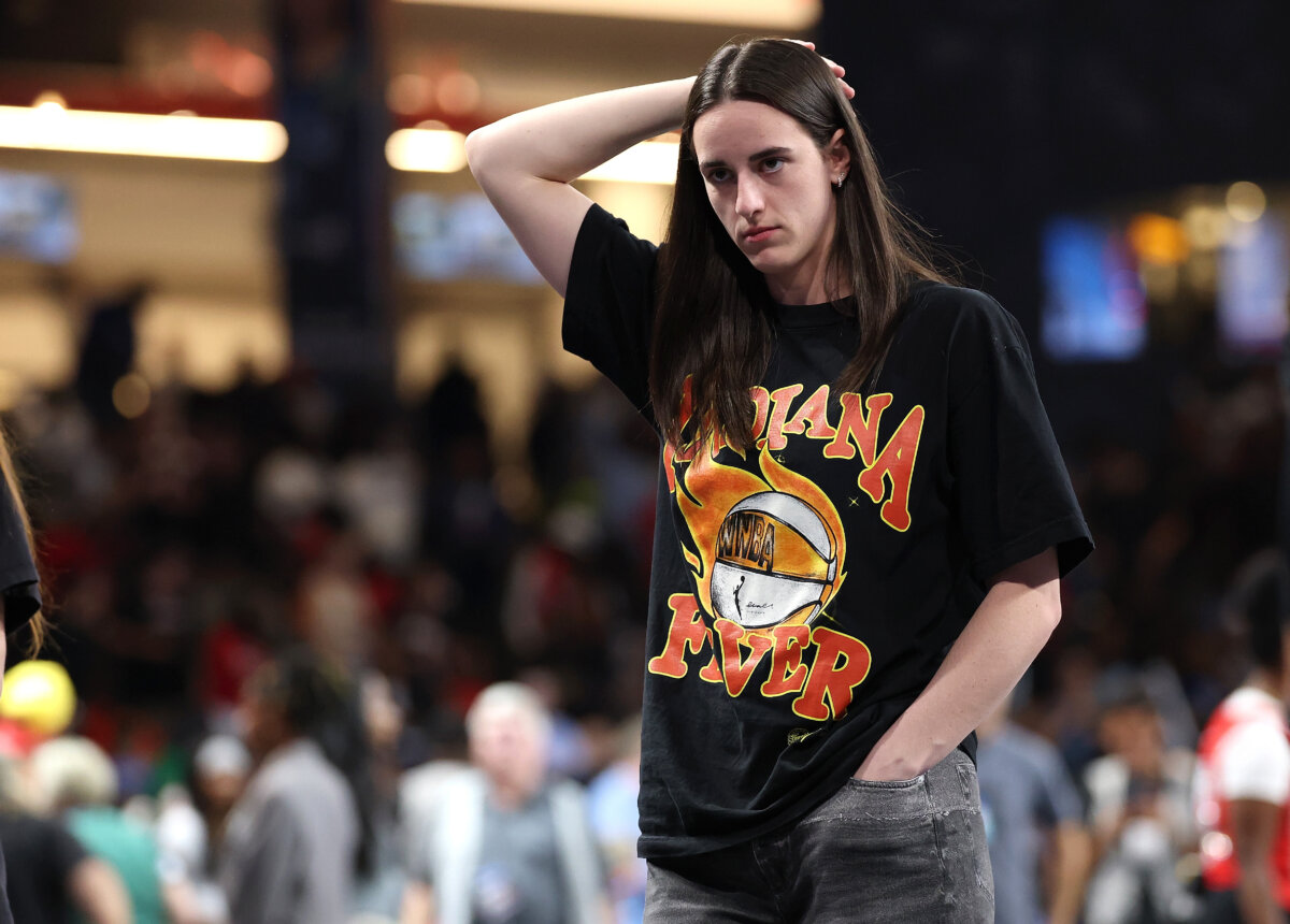 Caitlin Clark #22 of the Indiana Fever reacts as they walk off the court after the first half of game three of the first round of WNBA Playoffs between the Indiana Fever and Atlanta Dream at Gateway Center Arena in College Park, Ga., on Sept. 18, 2025. (Kevin C. Cox/Getty Images)