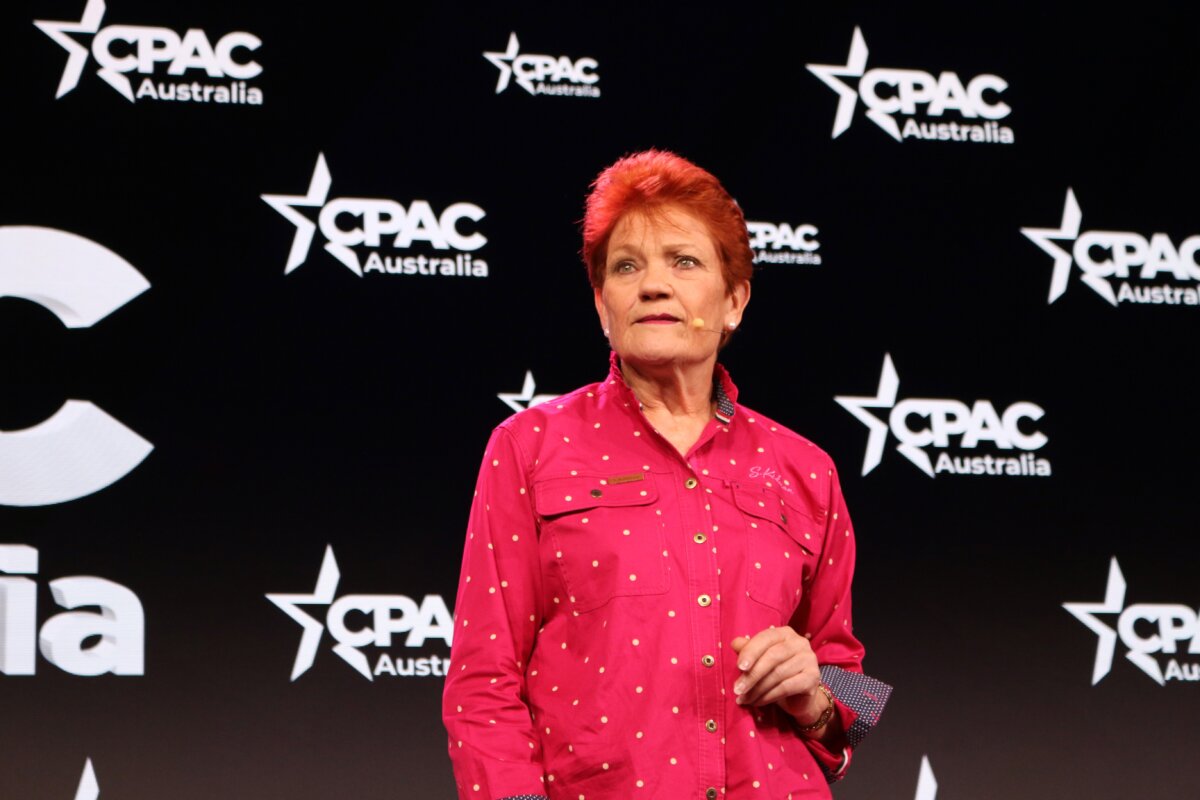 One Nation leader Senator Pauline Hanson speaks at CPAC Australia in Brisbane, Australia, on Sept. 21, 2025. (Melanie Sun/The Epoch Times)