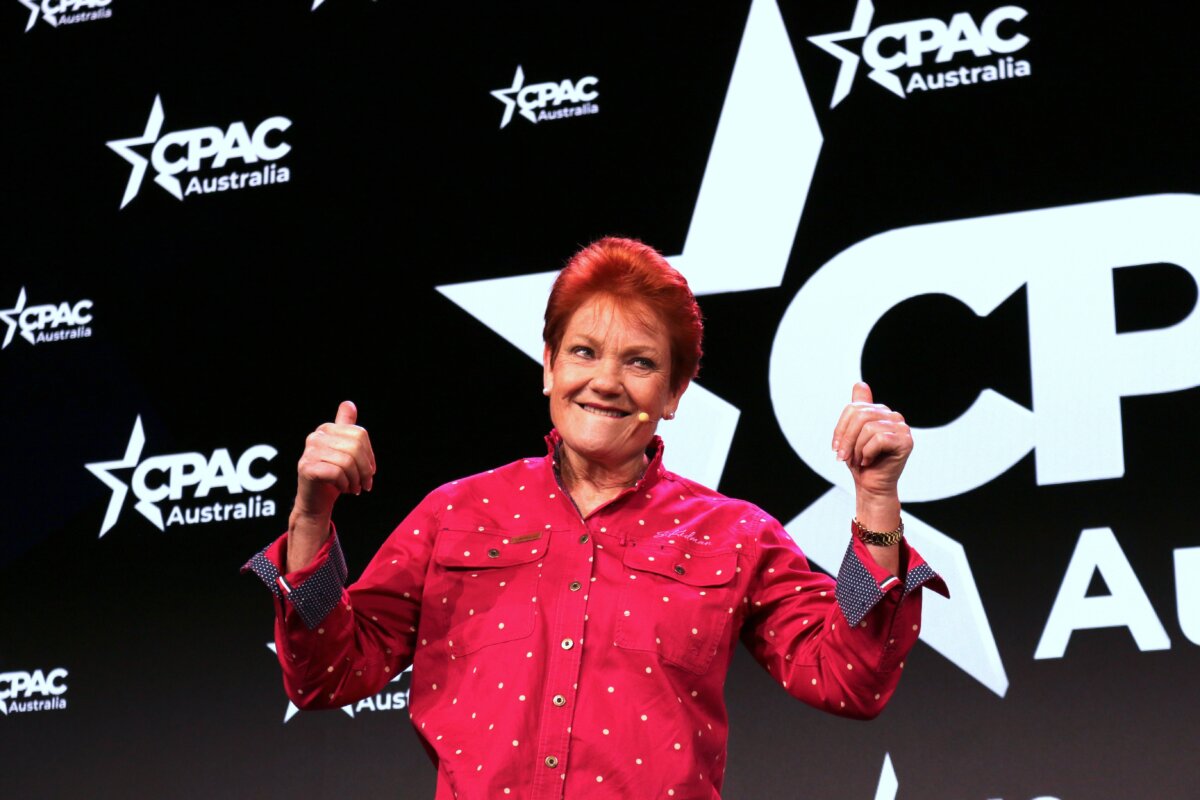 One Nation leader Senator Pauline Hanson speaks at CPAC Australia in Brisbane, Australia, on Sept. 21, 2025. (Melanie Sun/The Epoch Times)