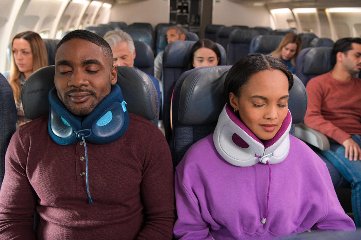 The Cabeau Evolution X adjustable travel pillow prevents head-bobbing that can awaken sleeping passengers. (Photo courtesy of Cabeau)