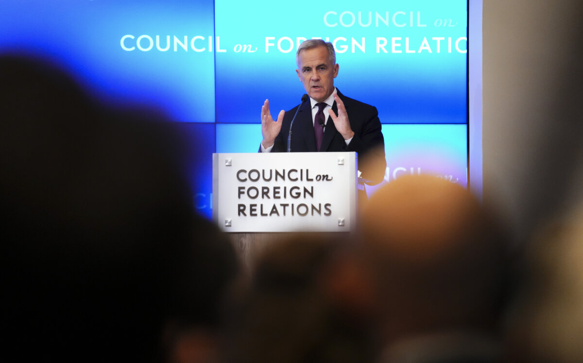 Prime Minister Mark Carney takes part in a fireside chat with Council on Foreign Relations President Michael Froman on the sidelines of the United Nations General Assembly (UNGA) in New York on Sept. 22, 2025. (The Canadian Press/Sean Kilpatrick)