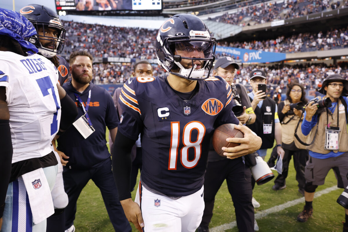 Caleb Williams (18) of the Chicago Bears looks on after the game against the Dallas Cowboys at Soldier Field in Chicago on Sept. 21, 2025. (Michael Reaves/Getty Images)