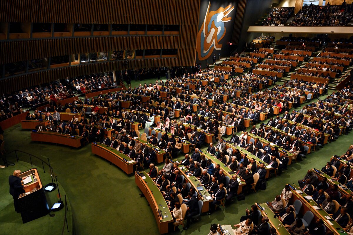 A general view as U.S. President Donald Trump speaks during the 80th session of the UN’s General Assembly (UNGA) at the United Nations headquarters in New York City on Sept. 23, 2025. (Alexi J. Rosenfeld/Getty Images)