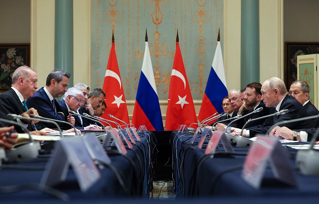 Russian President Vladimir Putin and Turkish President Recep Tayyip Erdogan hold a meeting on the sidelines of the Shanghai Cooperation Organisation (SCO) Summit in Tianjin, China, on Sept. 1, 2025. (Vladimir Smirnov/Pool/AFP/Getty Images)