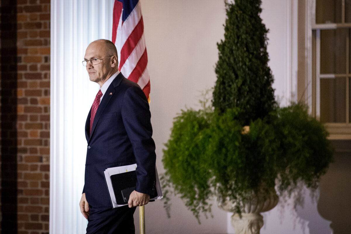 Andrew Puzder, then-chief executive of CKE Restaurants, after a meeting with President Donald Trump at Trump International Golf Club in Bedminster Township, N.J., on Nov. 19, 2016. (Drew Angerer/Getty Images)