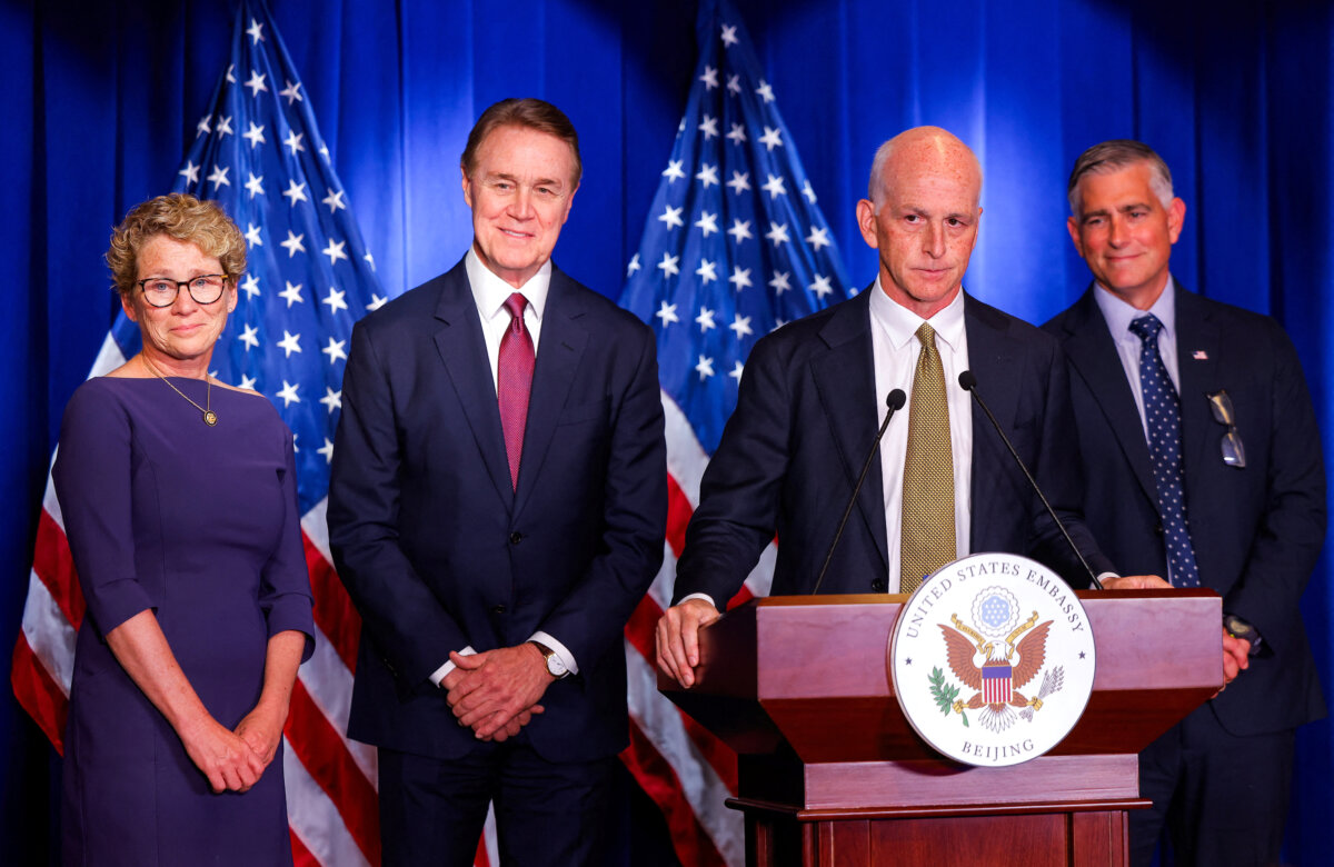 Rep. Adam Smith (D-Wash.) looks on during a news conference with a joint delegation of Rep. Chrissy Houlahan (D-Pa.), Rep. Michael Baumgartner (R-Wash.), Rep. Ro Khanna (D-Calif.) (not pictured), and U.S. Ambassador to China David Perdue at the U.S. Embassy in Beijing on Sept. 23, 2025. (Maxim Shemetov/Reuters)