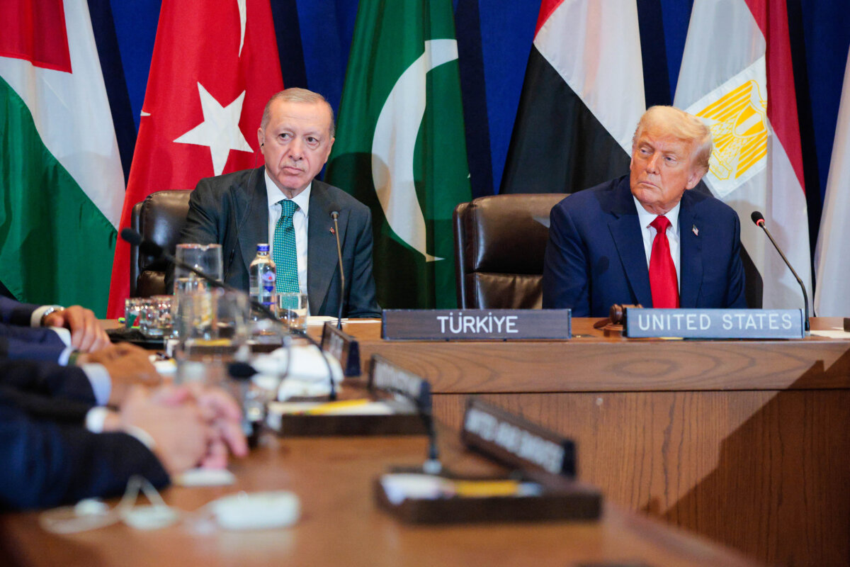 U.S. President Donald Trump (R) and Turkish President Recep Tayyip Erdogan during a multilateral meeting with leaders from several Arab and Muslim-majority countries at the 80th session of the U.N. General Assembly at the United Nations headquarters in New York City on Sept. 23, 2025. (Chip Somodevilla/Getty Images)