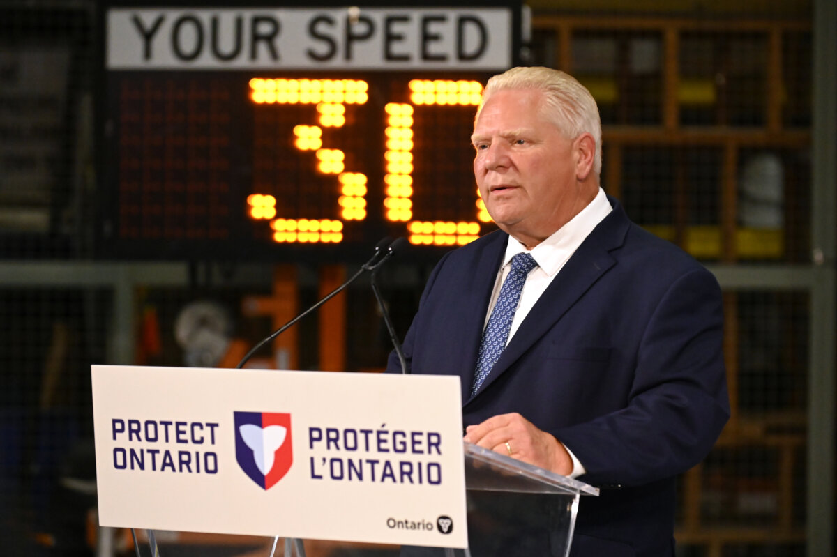 Ontario Premier Doug Ford speaks about roadway speed cameras at the Vaughan Joint Operations Centre in Vaughan, Ont., on Sept. 25, 2025. (THE CANADIAN PRESS/Jon Blacker)