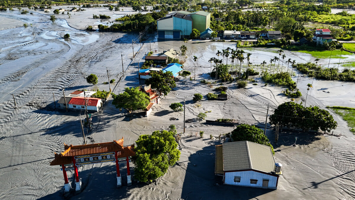 Part of Guangfu township is flooded after a barrier lake burst in Hualien, Taiwan, on Sept. 25, 2025, following torrential rain when Super Typhoon Ragasa skirted Taiwan. (I-Hwa Cheng/AFP via Getty Images)