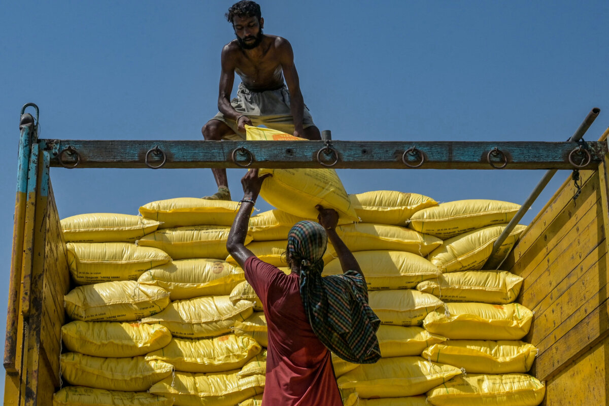Laborers load sacks of fertilizer onto a truck at a railway station in Amritsar, India, on Sept. 25, 2025. (Narinder Nanu/AFP via Getty Images)