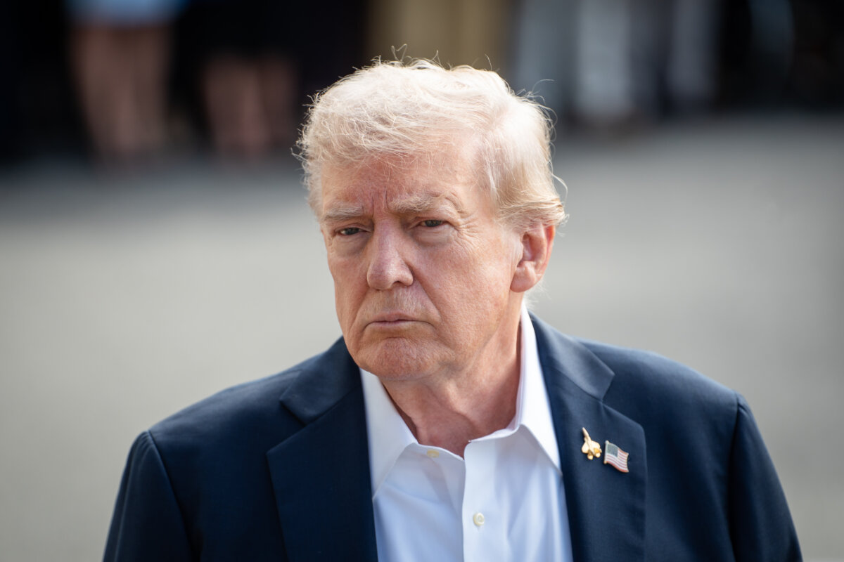 President Donald Trump speaks to reporters as he departs for the Ryder Cup golf competition in New York, from the White House on Sept. 26, 2025. (Madalina Kilroy/The Epoch Times)