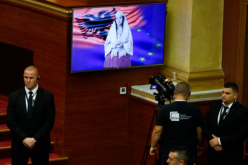 Albania’s new artificial intelligence-generated minister, “Diella,” speaks during the country's parliamentary session in Tirana, Albania, on Sept. 18, 2025. (Adnan Beci/AFP)