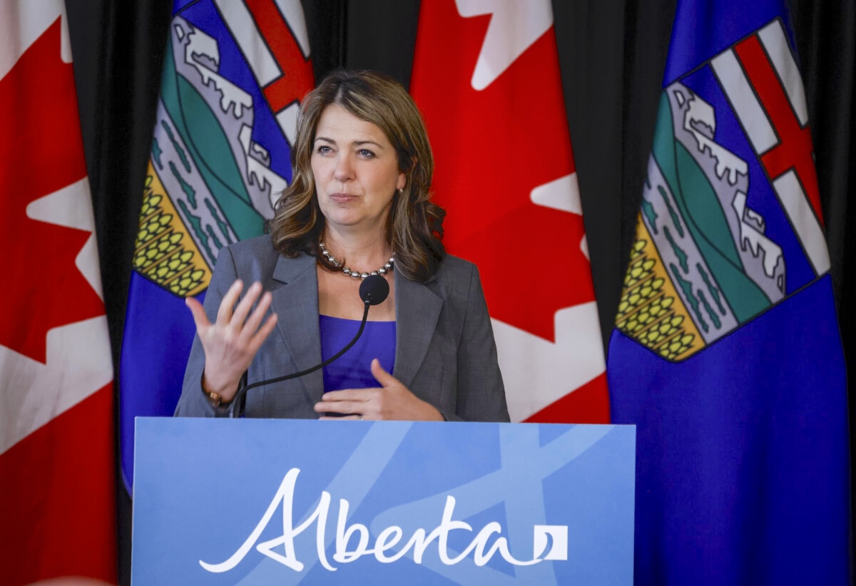 Alberta Premier Danielle Smith speaks in Calgary on May 16, 2025. (The Canadian Press/Jeff McIntosh)