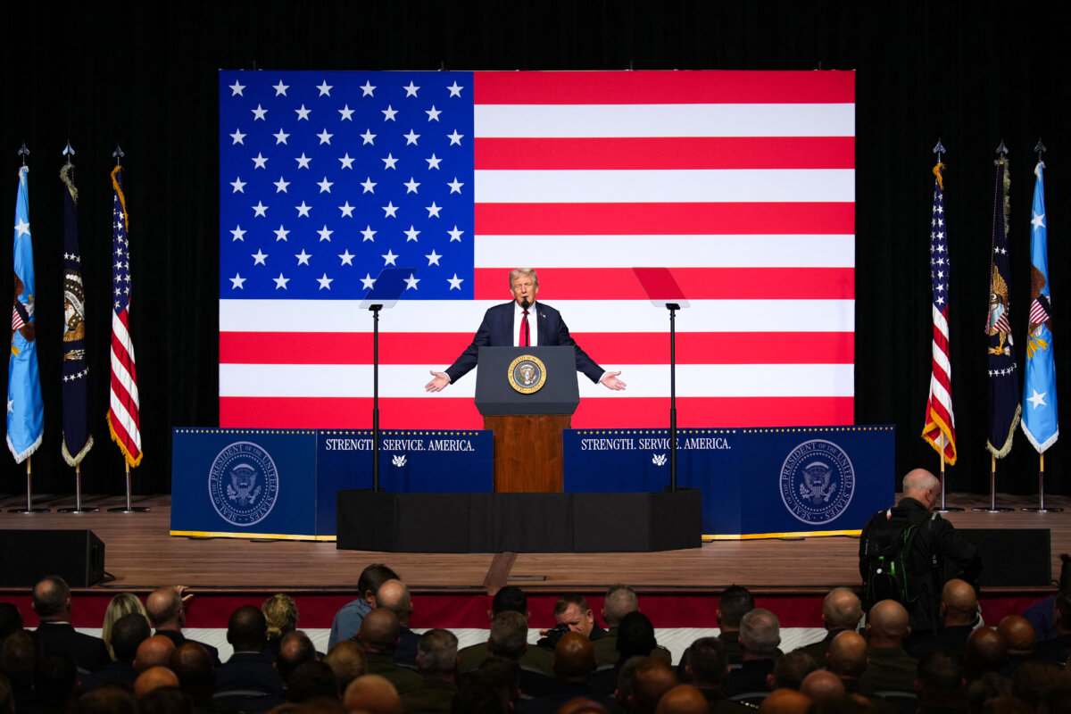 U.S. President Donald Trump addresses senior military officers gathered at Marine Corps Base Quantico in Quantico, Virginia, on September 30, 2025. (Andrew Harnik/POOL/AFP)